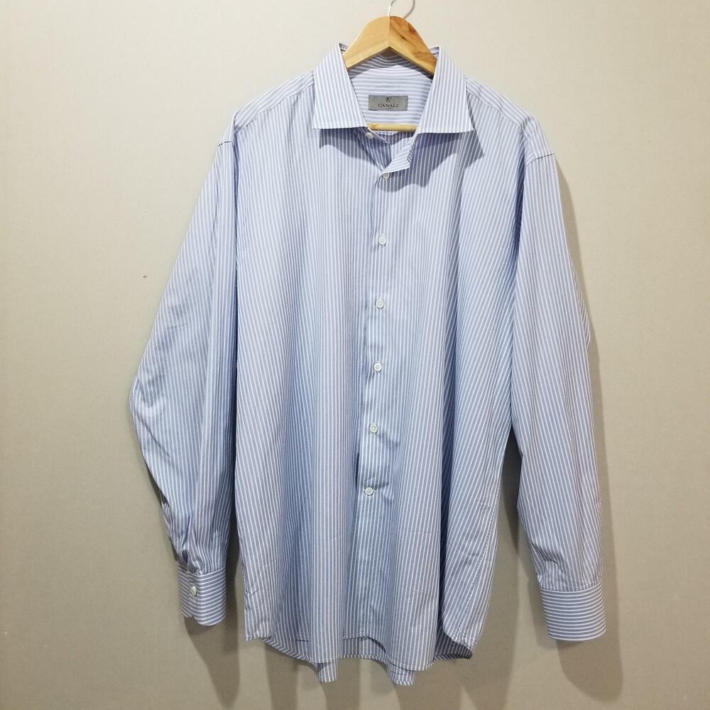 Canali Shirt Mens 18 46 Blue White Stripe 100% Cotton Made Italy Dress Luxury